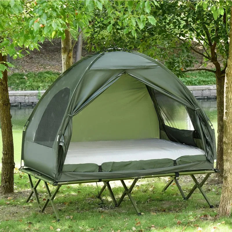 2 Person Foldable Camping Cot with Tent and Thick Air Mattress