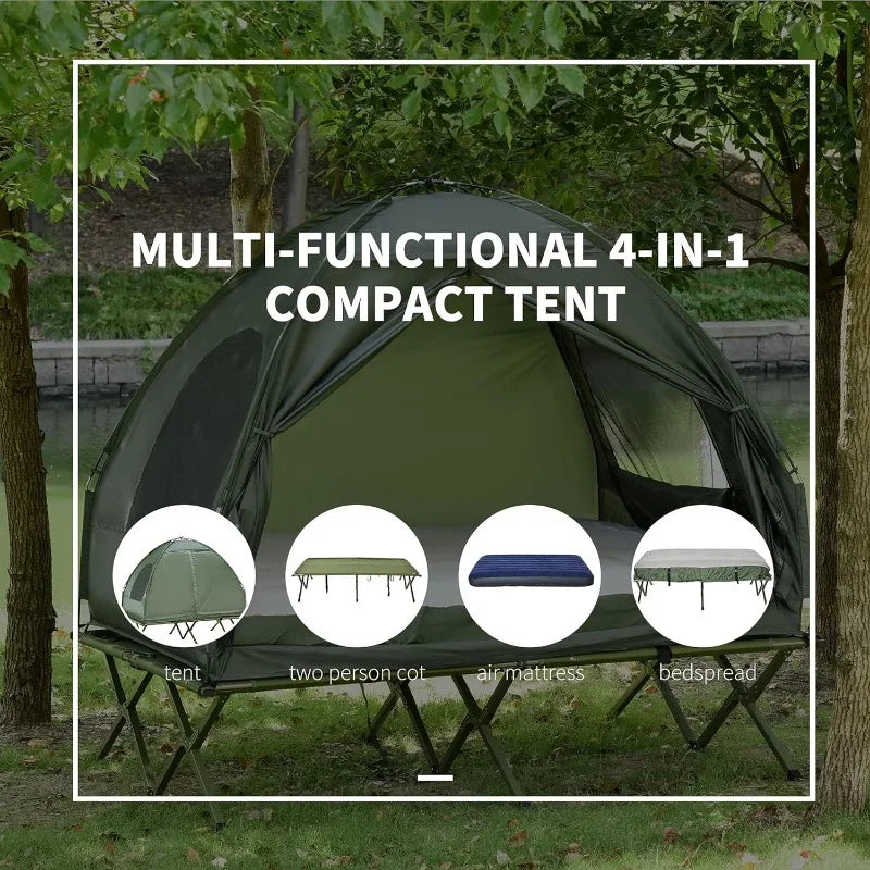 2 Person Foldable Camping Cot with Tent and Thick Air Mattress